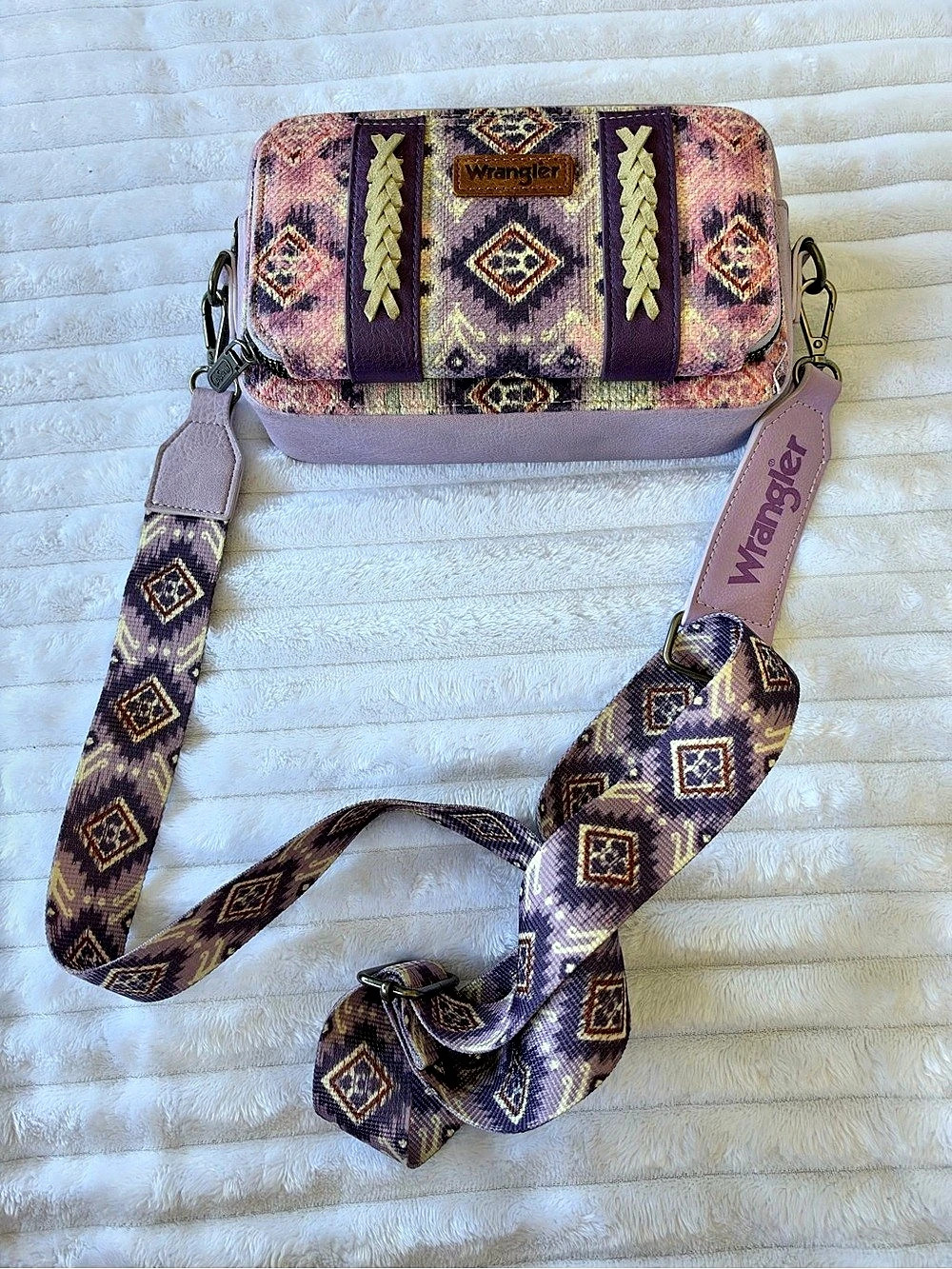 Wrangler Aztec Printed Crossbody Purse With Wallet Compartment Pink & Purple